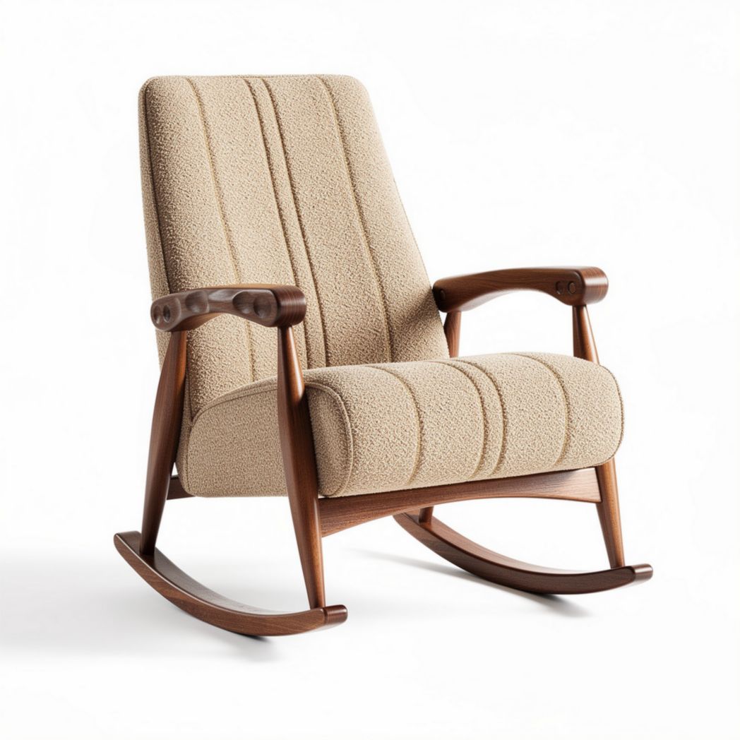 Rocking chair with upholstered fabric seat and wood frame in beige color