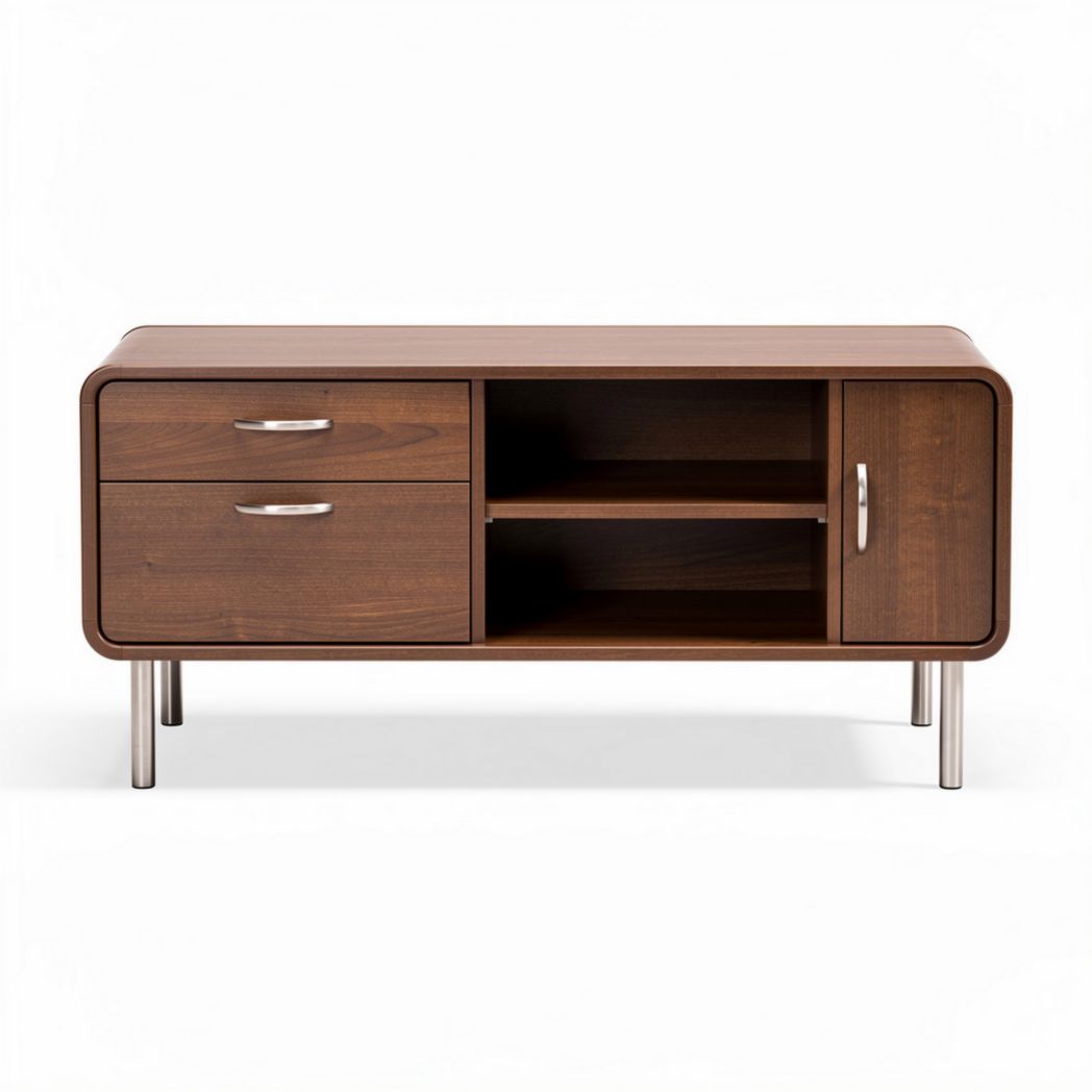 Mid-century modern wooden TV stand with two drawers and open shelf 120 x 40 x 50cm