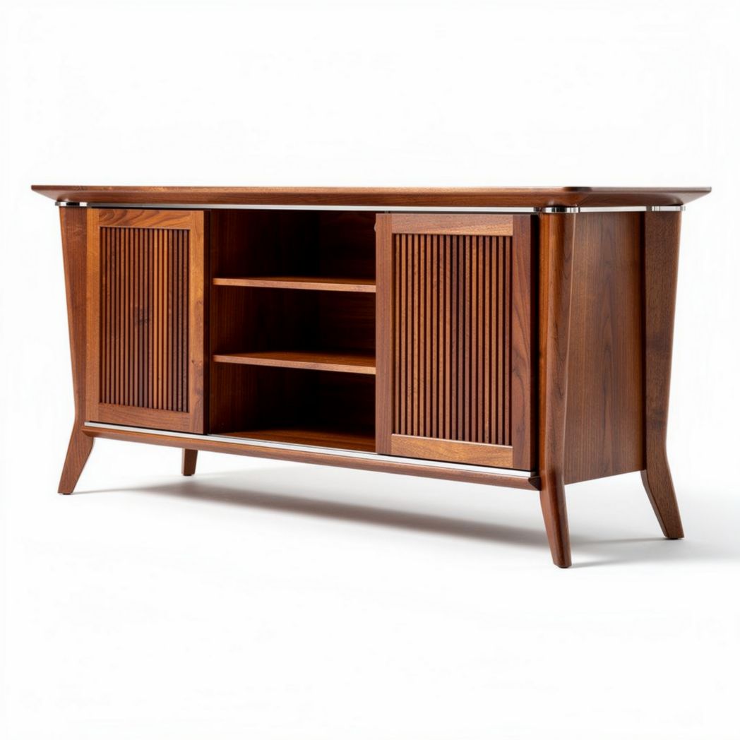 Wooden media console cabinet with sliding doors and open shelves 120 x 40 x 80cm