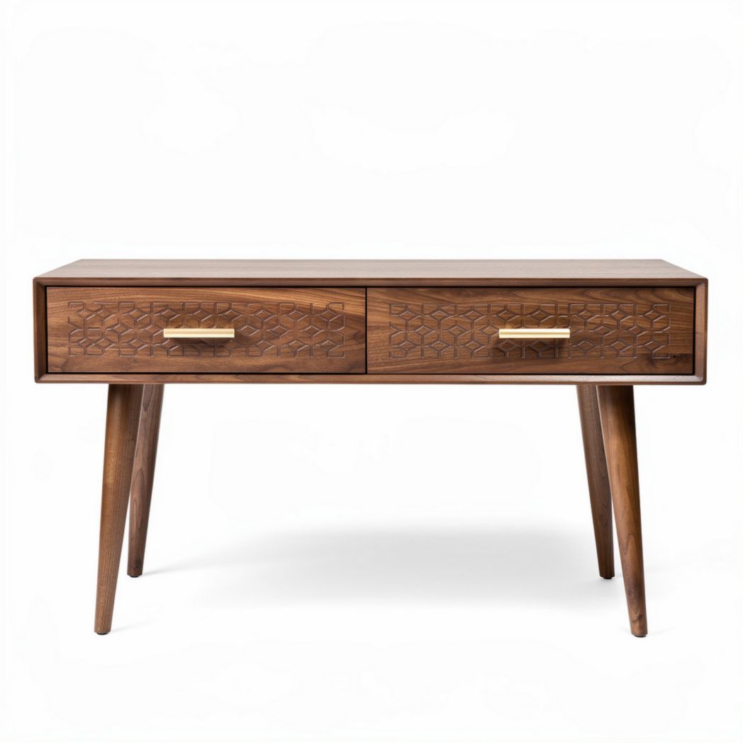 Wooden console table with carved design and two drawers 120 x 40 x 75cm