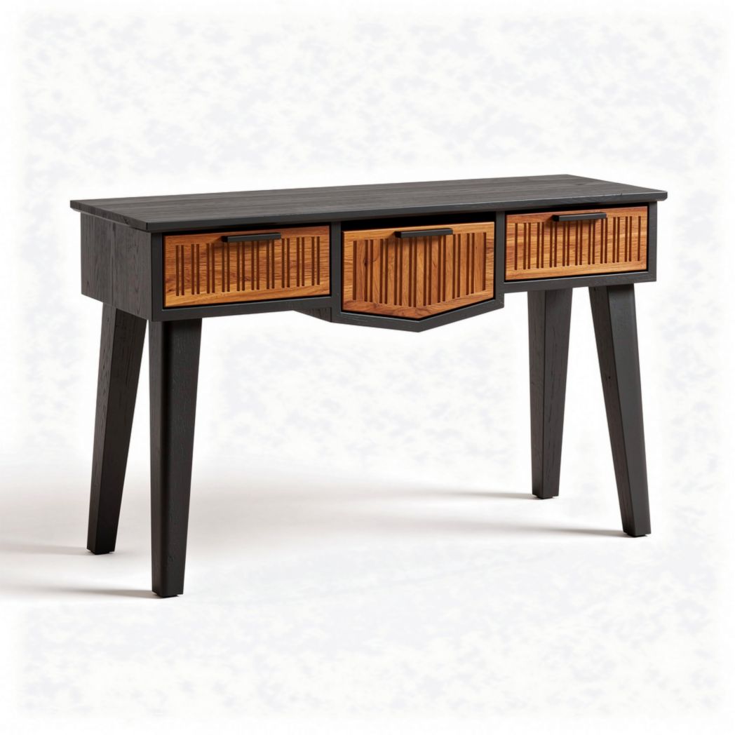 Black wooden console table with rattan drawers and tapered legs 120 x 45 x 75cm