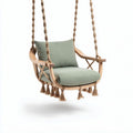 Swing chair with soft cushion and braided ropes in natural wood finish