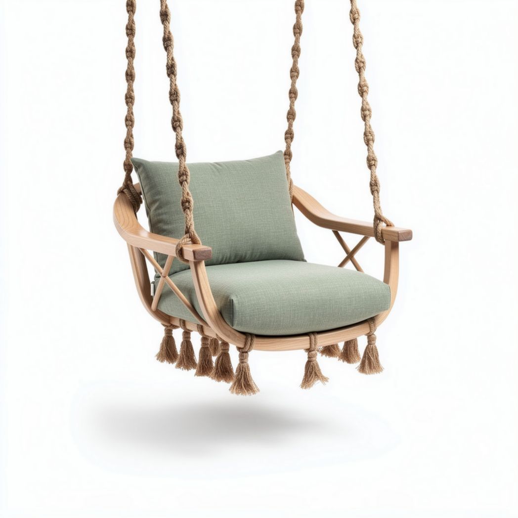 Swing chair with soft cushion and braided ropes in natural wood finish