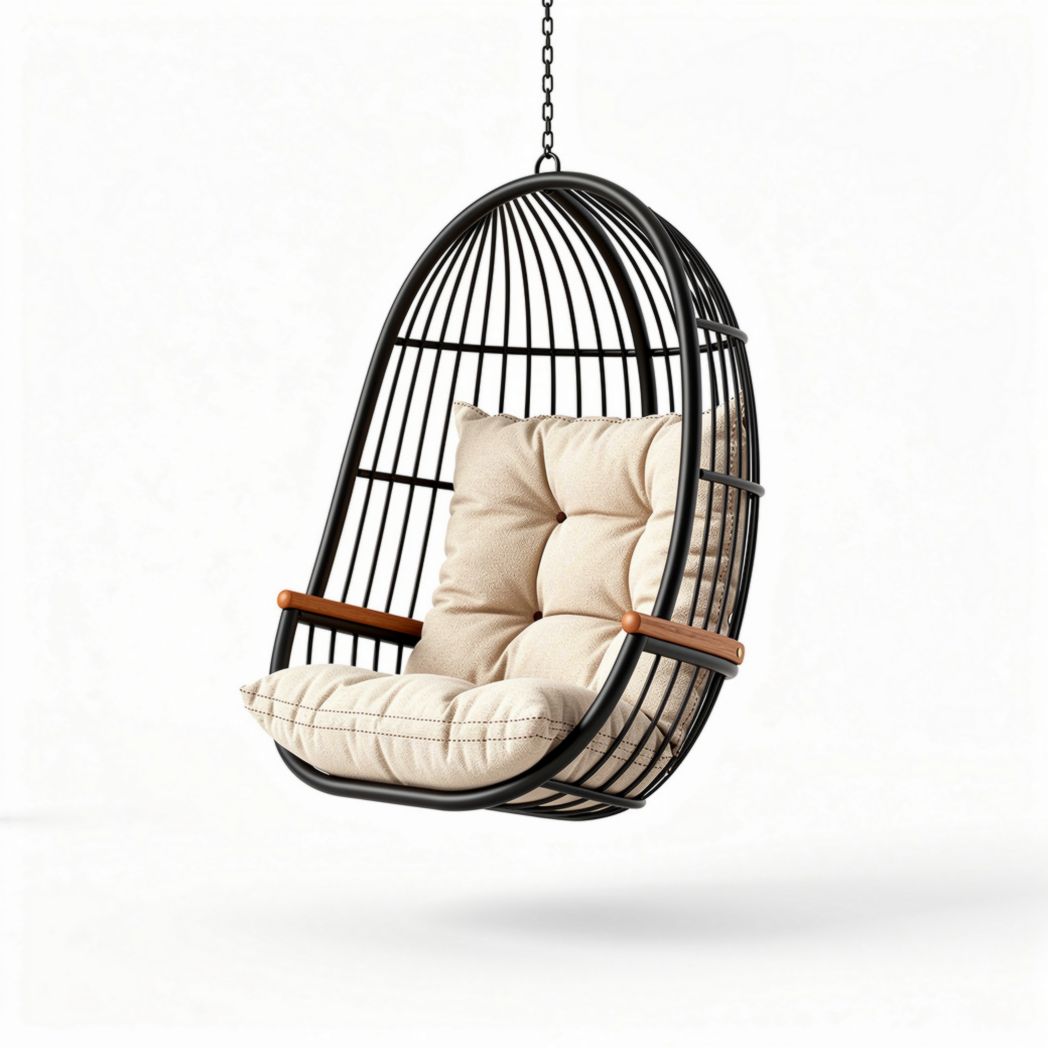 Hanging rattan egg chair with soft cushions for indoor and outdoor use
