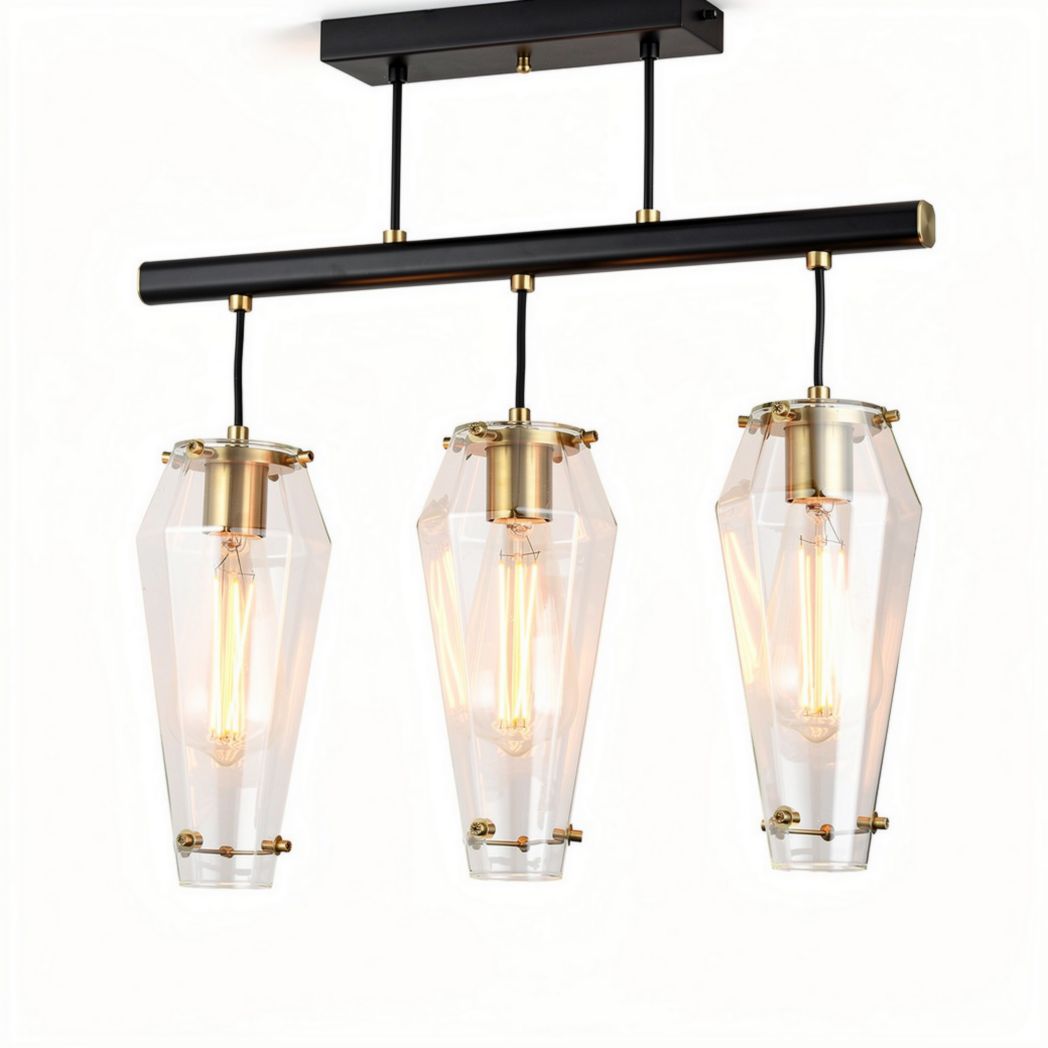 Three-light pendant lighting with clear glass shades and black metal finish 30 x 15 x 15cm