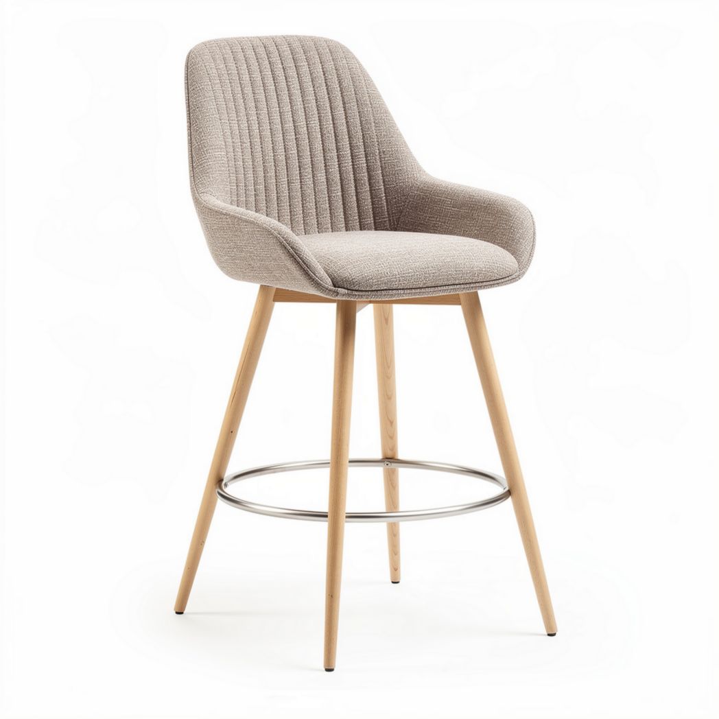 Upholstered counter height bar stool with wooden legs and metal footrest