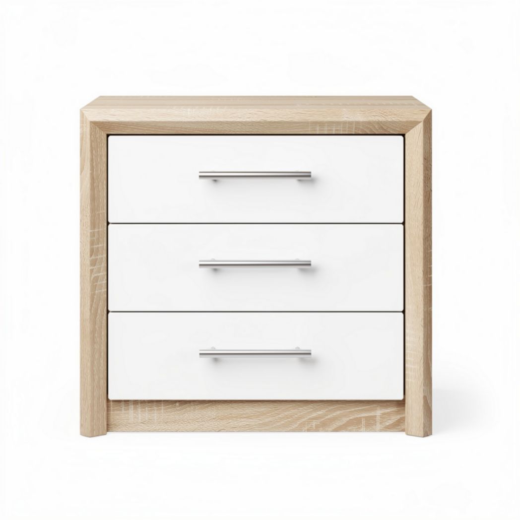 Wooden nightstand with three drawers in natural finish and white fronts 50 x 40 x 60cm