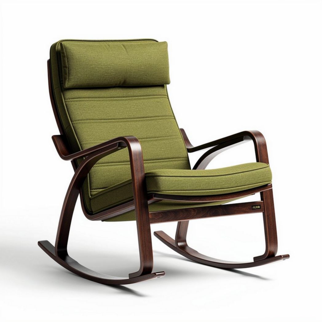 Rocking chair with green fabric upholstery and wooden frame 80 x 65 x 90cm
